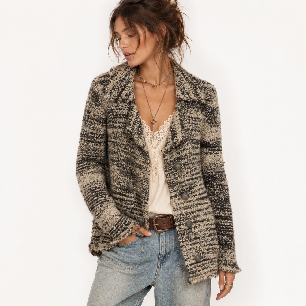 Free People Zebra Yarn Cardigan Jacket Womens M Wool Blend Double Breasted Boho